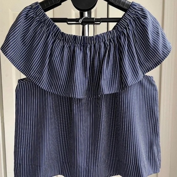 Madewell Navy Blue Silk Satin Balcony Off the Shoulder Top Blouse Ruffle, Size S - Picture 9 of 11